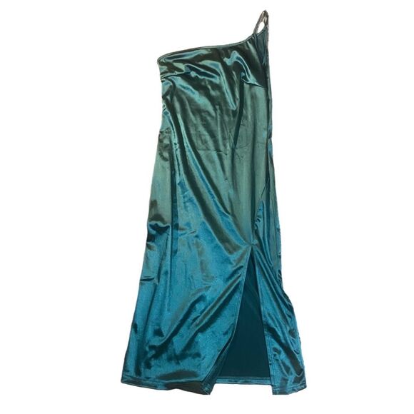 Emerald Green Satin One Shoulder Asymmetric Slit Midi Dress - Picture 1 of 4